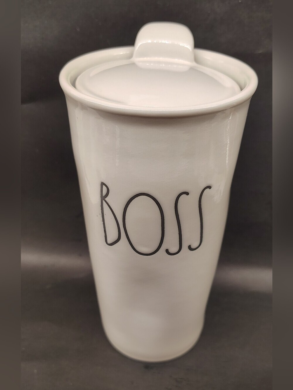 Rae Dunn White Ceramic Coffee Tea Tumbler with BOSS Text NWOT